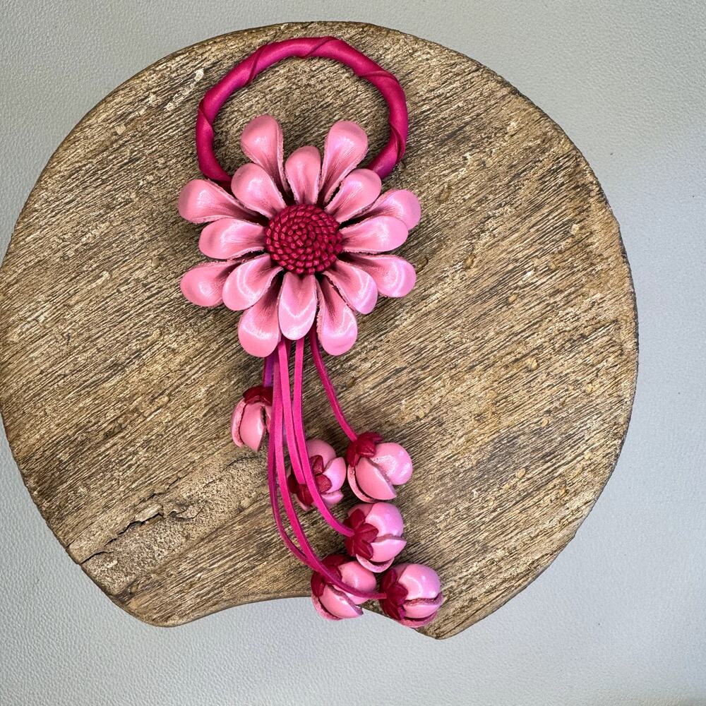Leather Flower Purse Charm Genuine Leather Pink Gerbera Daisy Bag Charm